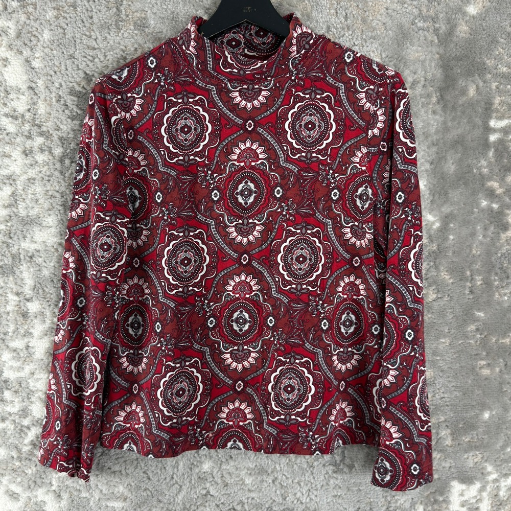 Croft & Barrow Petites Size Mp Paisley Mock Neck Top Red Long Sleeve Women